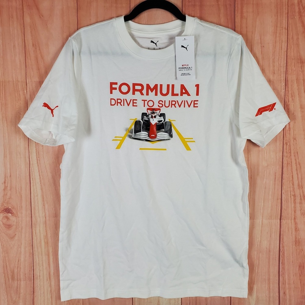 PUMA Formula 1 Drive to Survive Mens T-Shirt Medium White Cotton Short Sleeve
